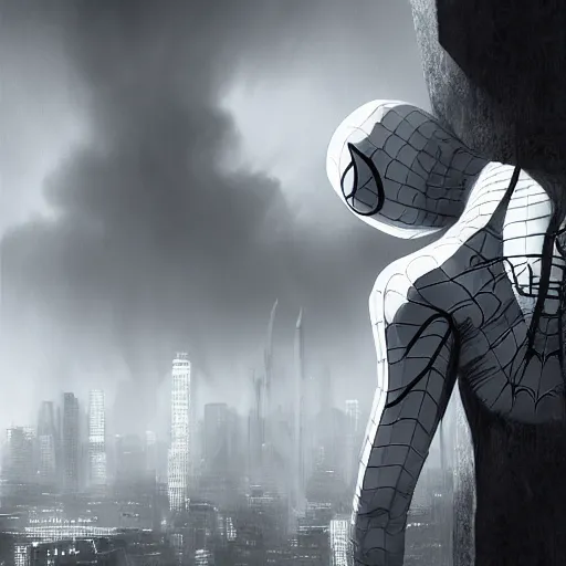 Prompt: moody atmospheric render of a white and black spiderman by leon tukker