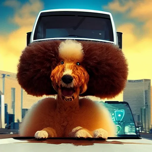 Image similar to fluffy poodle [ [ sticking its head out of the window ] ]!!, driving a cybertruck in las vegas, [ digital art ]!!, trending on cgsociety