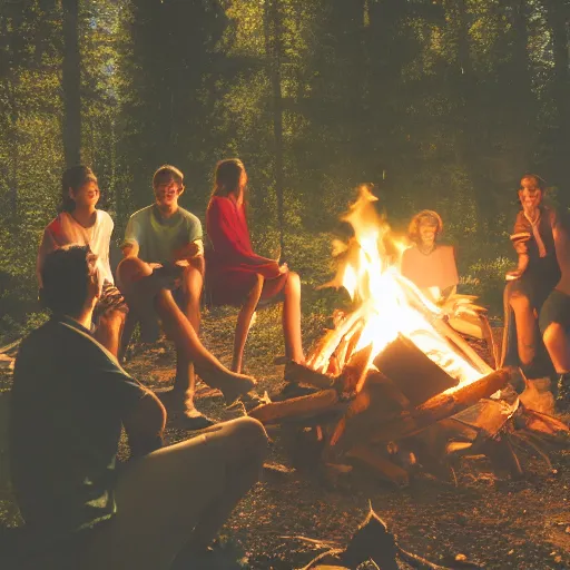 Prompt: angles in heaven looking at 6 people around a campfire, realistic