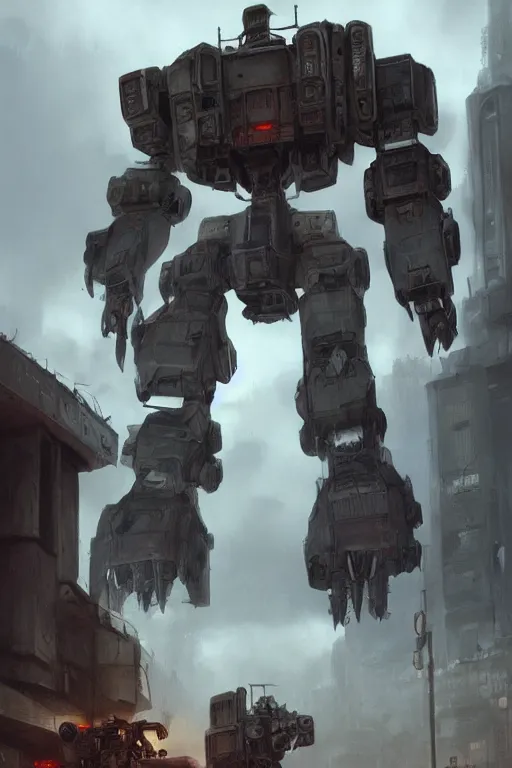 Image similar to ultra realist and ultra intricate detailed soft painting of a large mech in the style of battletech, standing in a post-apocalyptic street, sensual gloomy style, volumetric clouds, artstation, unreal render, depth of field