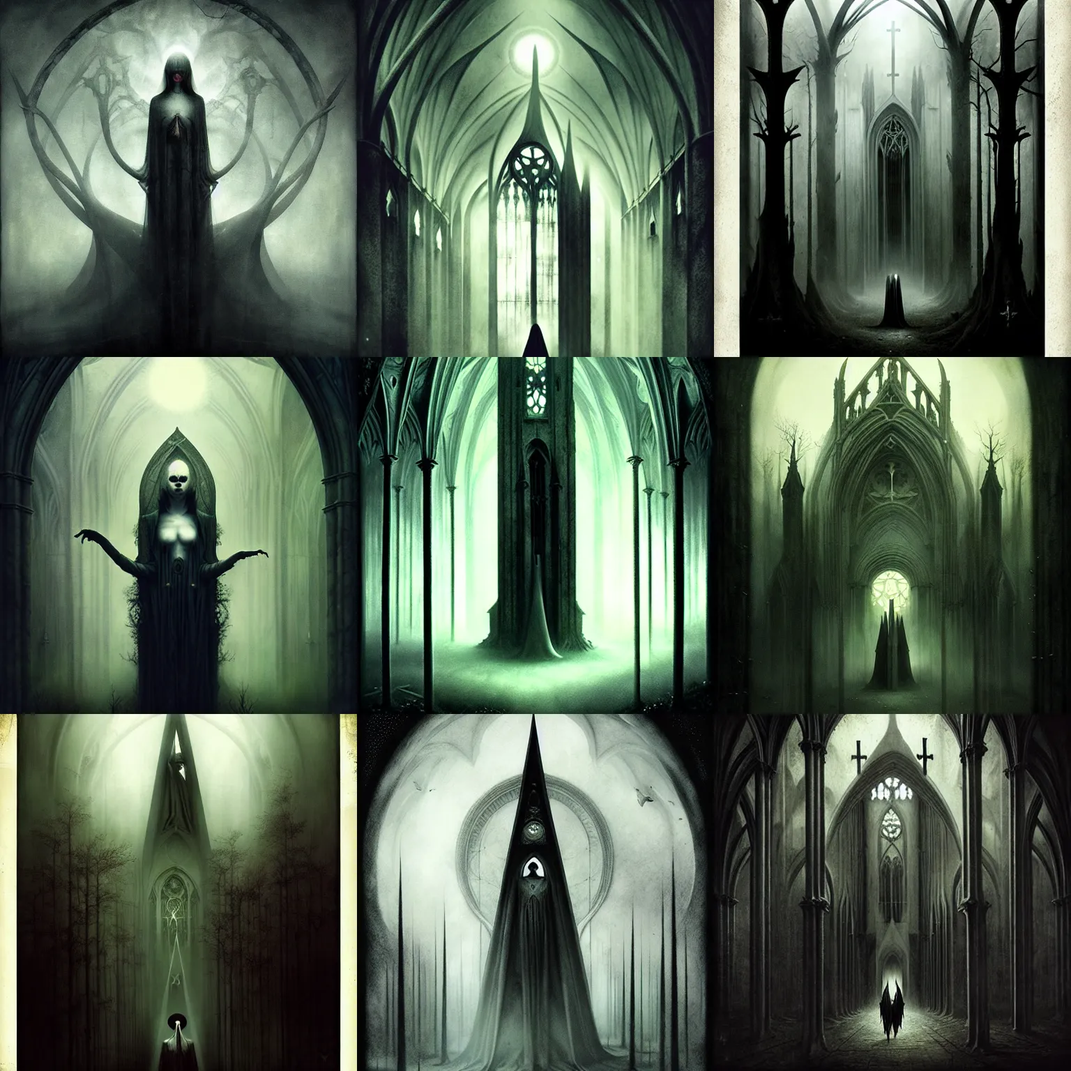 Prompt: dark ambient album cover, a cathedral, dark woods, asymetrical design, magic, apocalypse, occult, magic, tom bagshaw, dave mckean