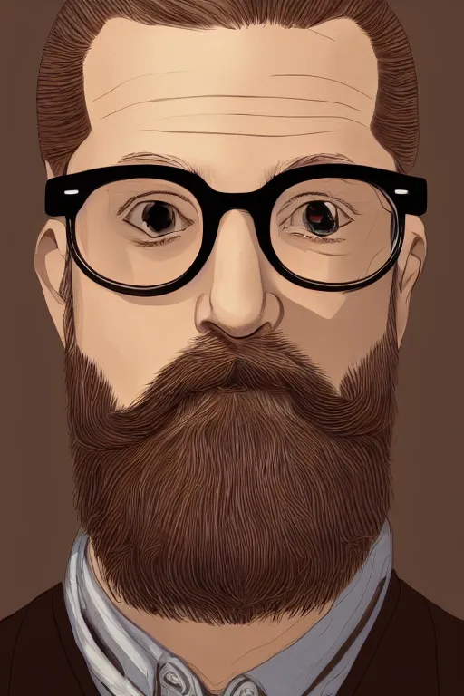 Prompt: very detailed portrait of a very handsome french man wearing fine round glasses in his early thirties, shaved head, oval shaped face, nice beard, ( ( deep brown eyes ) ), strong nose down, earthy color scheme, by wlop and tyler oulton, detailed eyes, reading a book. starry background, trending, on artstation.