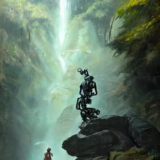 Image similar to Gigantic stone robot resting in front of a waterfall inside a forest, oil painting, by Greg Rutkowski