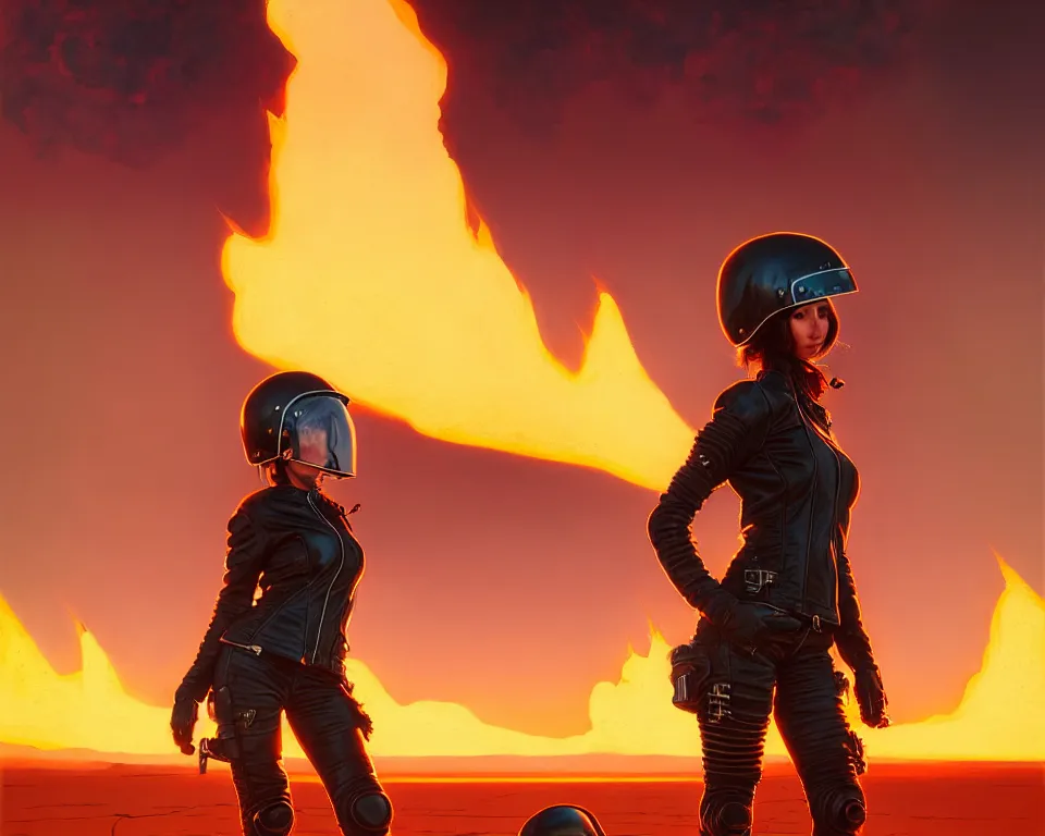 Image similar to a ultradetailed beautiful panting of post apocalyptic woman biker in leather jacket with helmet in front of burning desert, by ilya kuvshinov, greg rutkowski and makoto shinkai, trending on artstation