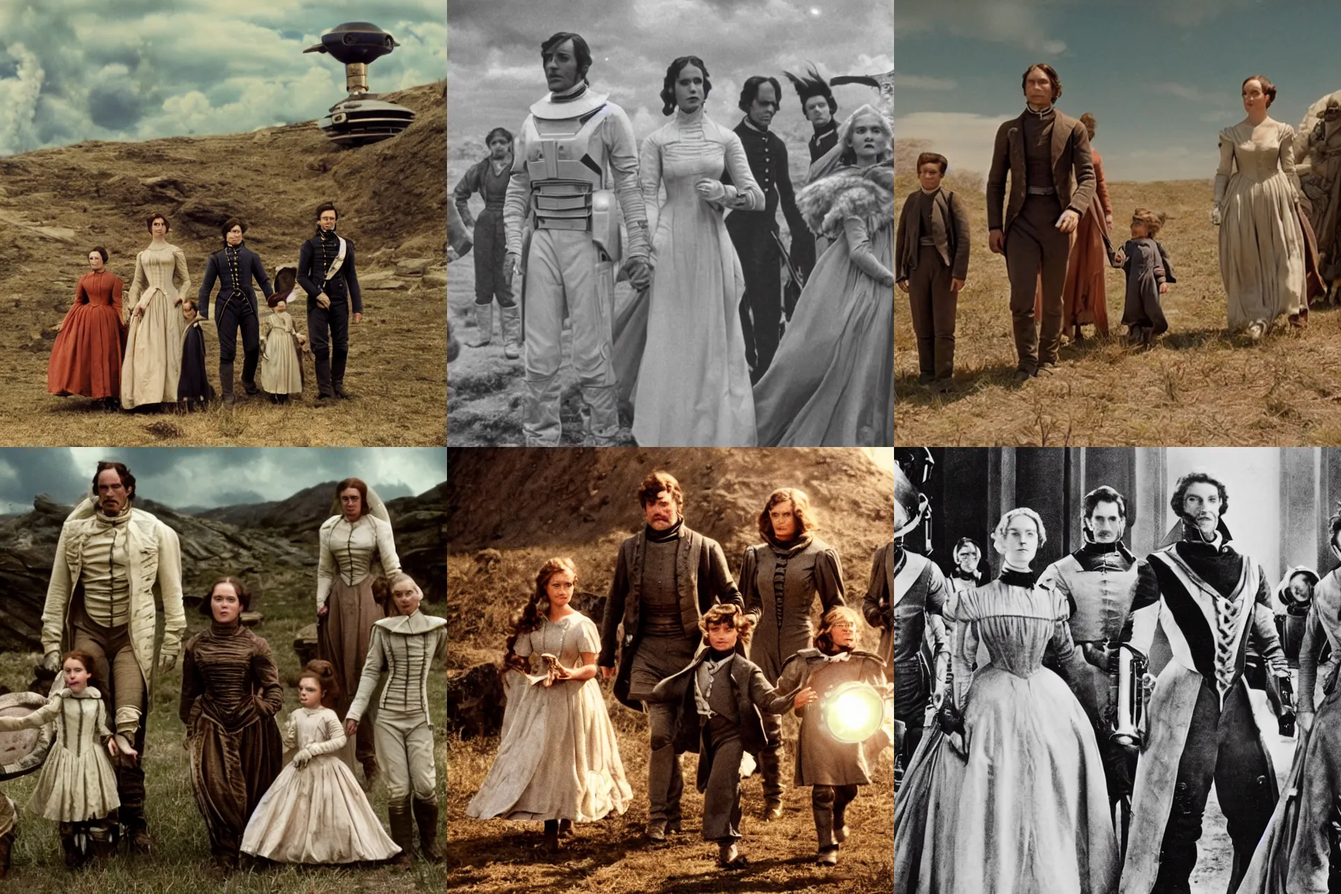 Prompt: 35mm still from a sci fi blockbuster movie made in 3222, set in 1860, of a family leaving a spaceship, that has just landed on an alien planet, wearing 1850s era clothes, cinematic lighting, 4k, in focus faces, oscar winner, high quality photography
