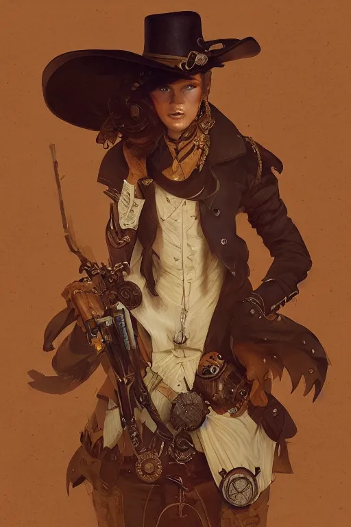 Image similar to heroic character design of anthropomorphic whimsical fox, portrait, western, steampunk, clint eastwood pose, duster, fantasy, intricate, elegant, highly detailed, digital painting, artstation, concept art, sharp focus, illustration, art by artgerm and greg rutkowski and alphonse mucha