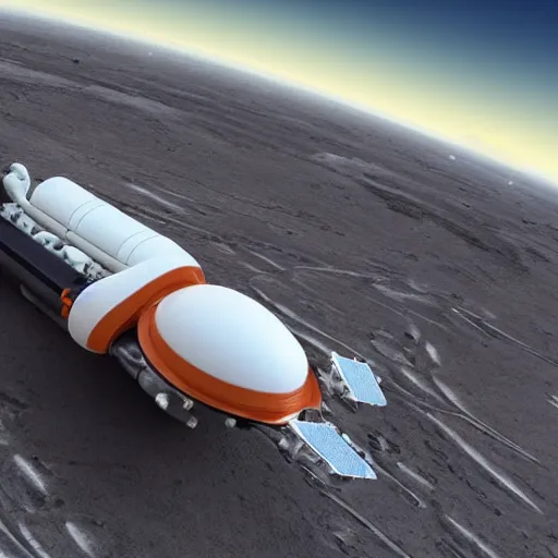 Image similar to a Space X design inspired, huge, white colored, tall, rounded rectangular shaped five-level cargo personnel planetary transport vehicle with orange accents, wires and tubes, communication systems, antennas, hemisphere shaped life support on top, stairs, big off road wheels, on a flat desert planet, bright sunlight, high quality, 3D render, long shot, clear blue sky, detailed, sharp