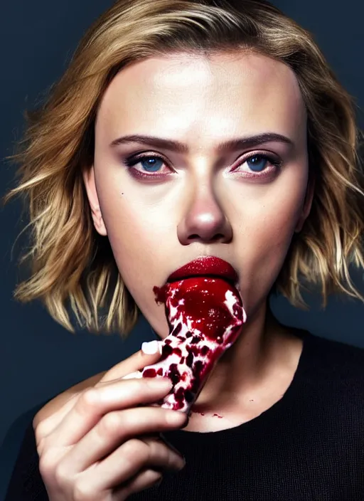 Image similar to scarlett johansson looking at the camera while eating yogurt, she is eating the yogurt too fast and it's on her face. real photo, photoshooting, studio light, black background, intricate, epic lighting, cinematic composition, hyper realistic, 8k resolution, unreal engine 5