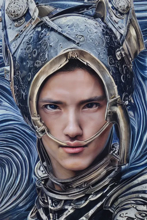 Image similar to hyperrealism oil painting, close-up portrait of medieval euopean fashion model, knight, steel gradient mixed with water swirls sky, in style of baroque mixed with 70s japan book art