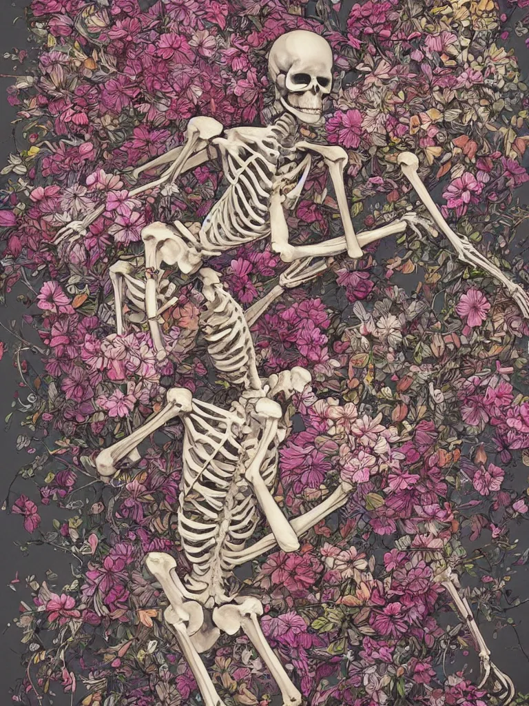 Image similar to a realistic skeleton covered in flowers in a dynamic pose, in the style of james jean and peter mohrbacher, highly detailed, soft lighting,