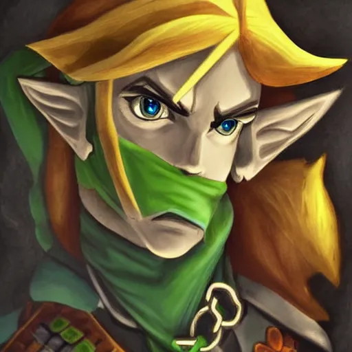 Image similar to a baroque portrait of link from the legend of zelda, dark background, art by irina french