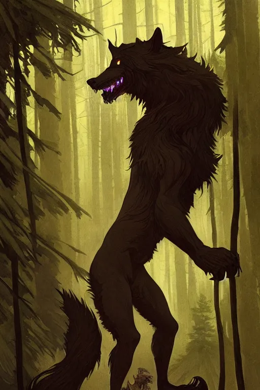 Image similar to fullbody portrait of a male werewolf, bared teeth, long claws, by greg rutkowski and alphonse mucha, gradient brown to silver, in front of a forest at night background, highly detailed portrait, digital painting, artstation, concept art, smooth, sharp focus illustration