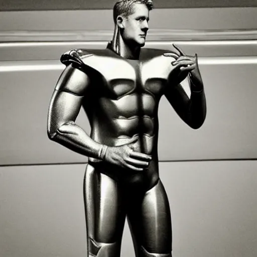 Image similar to “a realistic detailed photo of a guy who is an attractive humanoid who is half robot and half humanoid, who is a male android, football player JJ Watt, shiny skin, posing like a statue, blank stare”