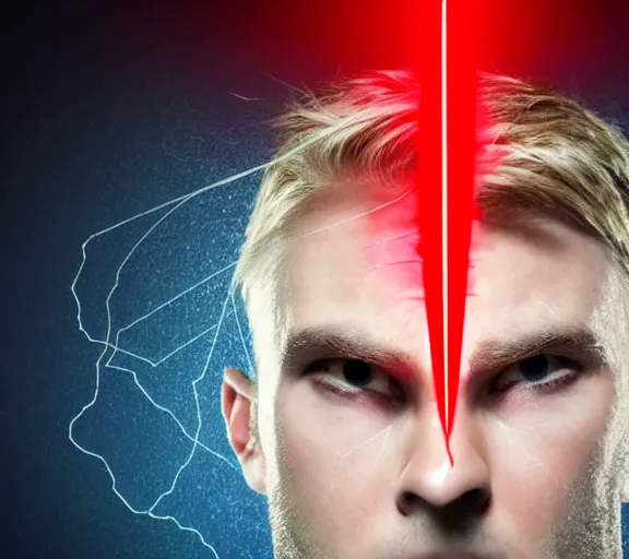 Image similar to hyper realistic portrait of a man with blonde two sides hair and thin face lines, he is throwing red lasers with his eyes and is very angry