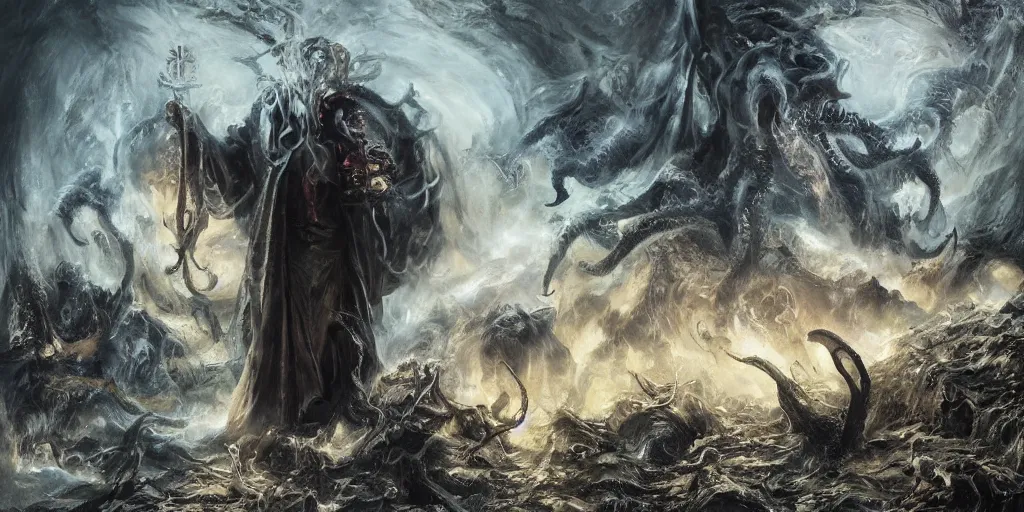 Image similar to portrait of necromancer priest in an invoking ritual in front of a giant cthulhu in a large landscape, intricate, elegant, glowing lights, highly detailed, digital painting, concept art, smooth, sharp focus, illustration, wide - angle portrait, atmospheric lighting, rich deep colors masterpiece, fractal crystals