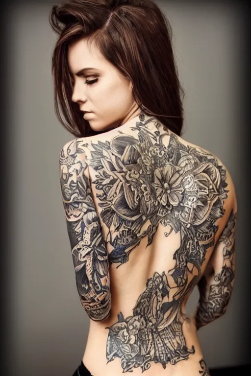 Prompt: beautiful woman with intricate tattoos, highly detailed, trending on artstation,