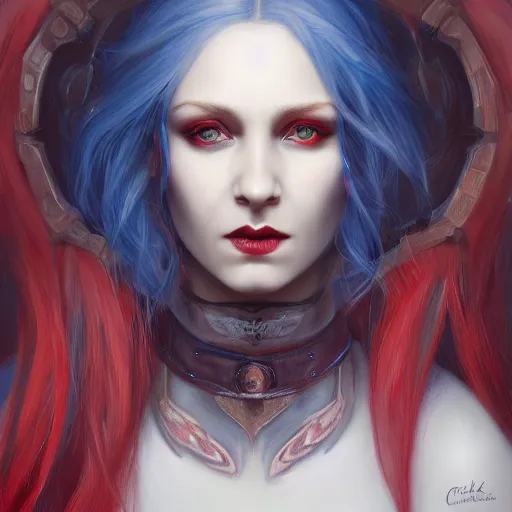 Image similar to A detailed matte oil on canvas head on symmetrical portrait of a distinguished elven woman with red and blue hair on an empty background, by Charlie bowater, Wlop, trending on artstationhd, dungeons and dragons art, parted hair , half blue, half red , split dye, critical role