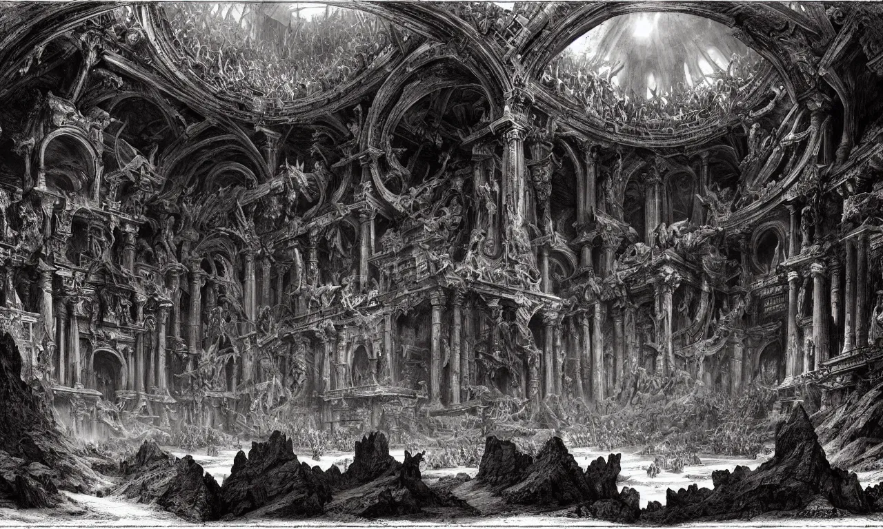 Prompt: A Spectacular IMAX View of the Infernal Court of the Kings of Hell, art by Gustav Dorê and Marc Simonetti and Giovanni Battista Piranesi