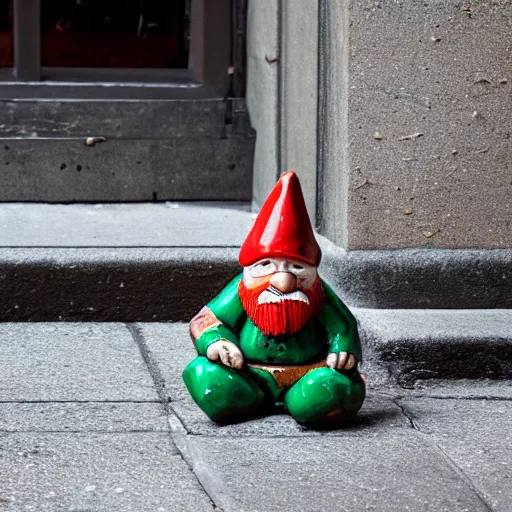 Prompt: street photograph of a broken ceramic garden gnome in new york city on a busy day. 8k resolution.