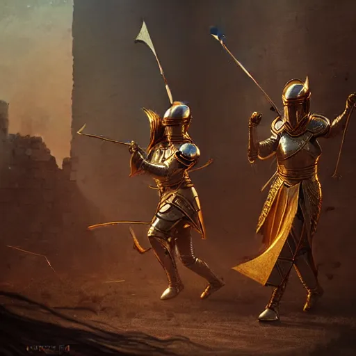 Prompt: An portrait of a female Knights of Zodiac, fgolden and copper armor, fighting at ancinet Agora of Athens, ruins, Golden Light, illustration, art by greg rutkowski and Daeho Cha and WLOP, volumetric light, lightrays, smoke, cinematic, intricate, hypermaximalist, super detailed