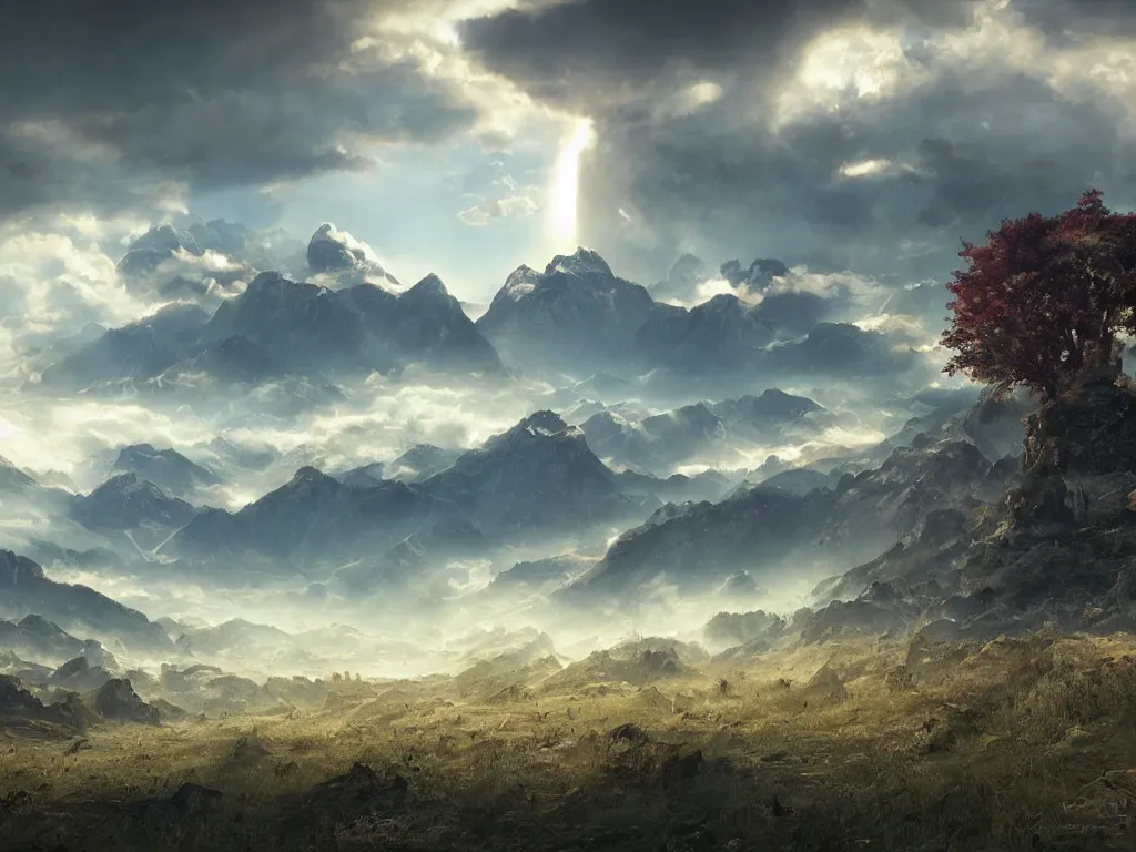 Image similar to a cinematic landscape view looking at an open field, cyberpunk wildlife, mountains in the distance with a river running down, the sun shines through the parted clouds, digital painting, fantasy, art by alexandre mahboubi and christophe oliver