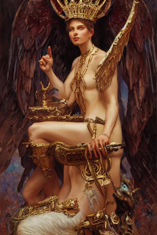 Image similar to full body portrait of seraphim queen sitting on her bone throne, highly detailed painting by gaston bussiere, craig mullins, j. c. leyendecker, 8 k, mid shot