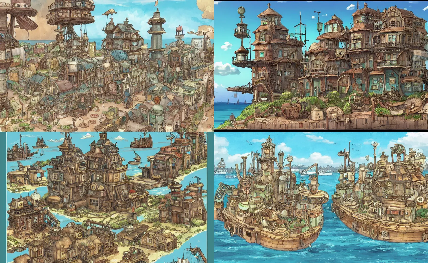 Prompt: a steampunk town by the sea, in the style of Studio Ghibli