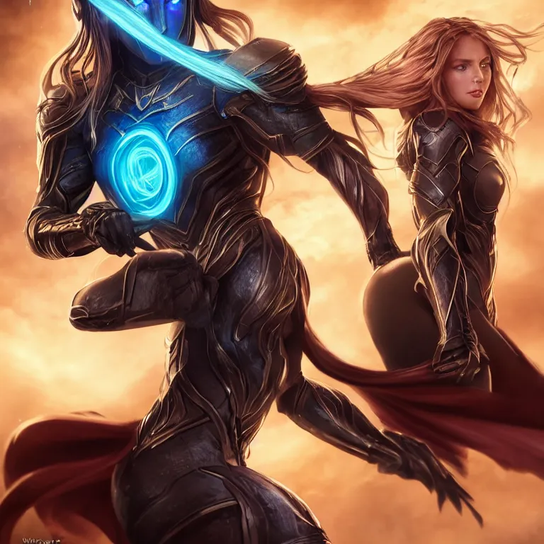 Image similar to beautiful cinematic fantasy poster, a beautiful girl in a superhero suit, beautiful glowing galaxy eyes, wideshot ultrawide angle epic scale, hybrid from The Elden Ring and art direction by Darius Zawadzki ;by artgerm; wayne reynolds art station; cinematic quality character render, beautiful dynamic pose; low angle; ultra high quality model; production quality cinema model;