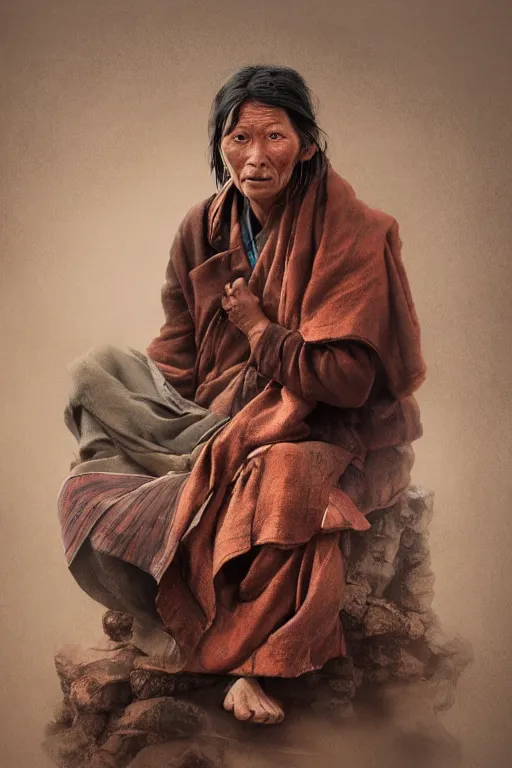 Image similar to Tibetan citizen, portrait, poor, intricate, elegant, volumetric lighting, scenery, digital painting, highly detailed, artstation, sharp focus, illustration, concept art,ruan jia, steve mccurry