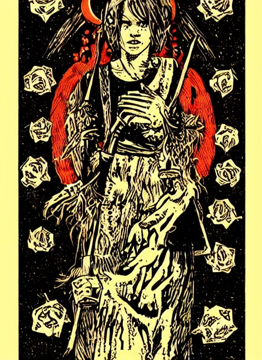 Prompt: tarot card :: horror :: vintage :: blood and roses :: by Yurtsev and Darkchylde