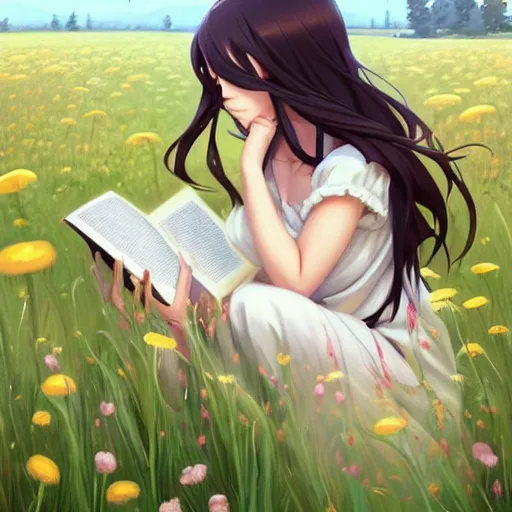 Image similar to a beautiful girl with long dark hair, sitting in a field of flowers, reading a book, sunny, daytime, sharp focus, intricate, digital painting, artstation, official media, anime key visual, highly detailed, rich vivid colors, ambient lighting, illustration, art by Artgerm, Makoto Shinkai, Ilya Kuvshinov, Lois Van Baarle, and Rossdraws