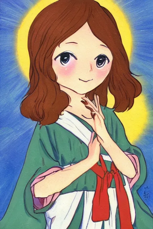 Prompt: jesus as a little happy anime girl, painting by warner sallman,