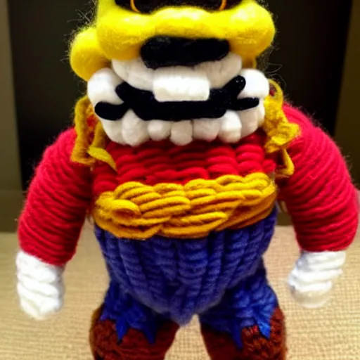 Image similar to a doll of wario made out of yarn