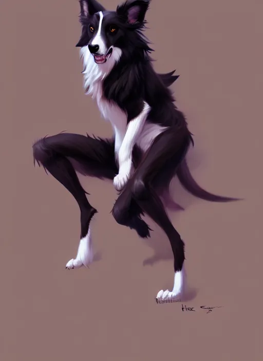 Image similar to wide angle beautiful full body portrait of a cute male anthropomorphic anthro border collie fursona, character design by charlie bowater, henry asencio, and ross tran, furry art, furaffinity, beautiful, glamor pose, detailed, aesthetic, trending on artstation