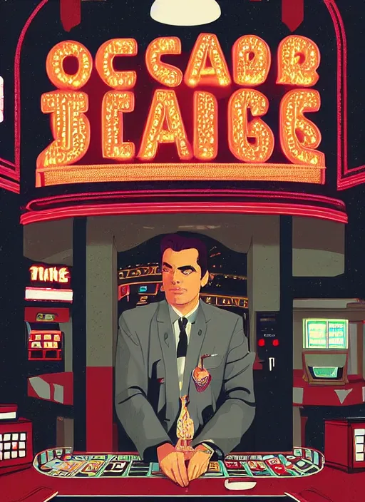 Image similar to Twin Peaks art, of Oscar Isaac in The Card Counter visiting the casino in Twin Peaks poster artwork by Tomer Hanuka, Sam Weber, Laurent Durieux, Katherine Lam from scene from Twin Peaks, from scene from Twin Peaks, clean, New Yorker magazine cover