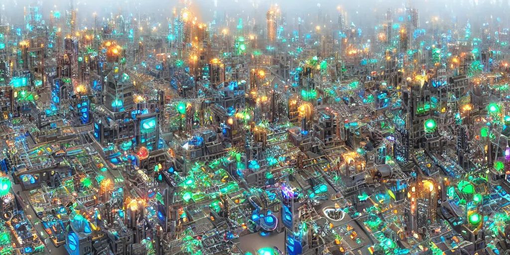 Image similar to City on planet Computer World, city inhabited by living computer programs, city made of giant electronic circuit components, fantasy landscape, concept art, matte painting