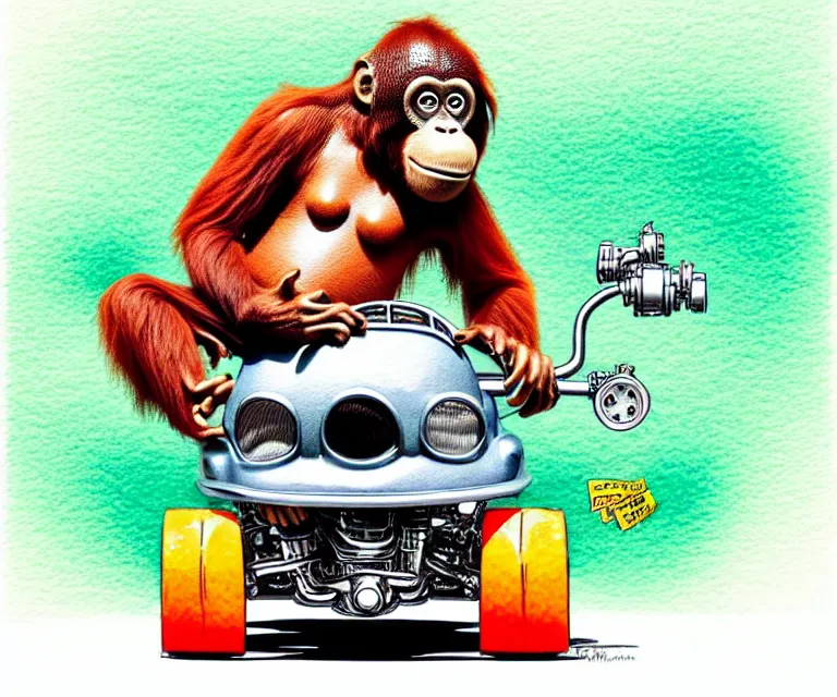 Image similar to cute and funny, orangutan wearing a helmet riding in a tiny hot rod with oversized engine, ratfink style by ed roth, centered award winning watercolor pen illustration, isometric illustration by chihiro iwasaki, edited by range murata, tiny details by artgerm, symmetrically isometrically centered