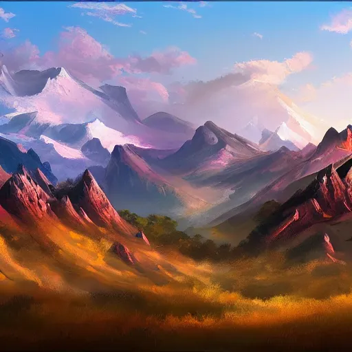 Image similar to mountain landscape, craggy mountains, panoramic, painting, color palette, beautiful sky, sharp peaks, soft foothills, artstation award, highly detailed