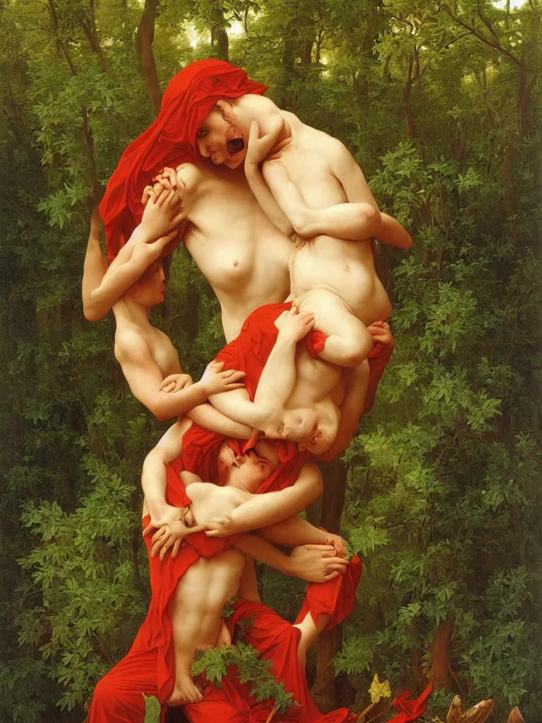 Image similar to red demon from hell is crying in the forest, by bouguereau and by andrey remnev