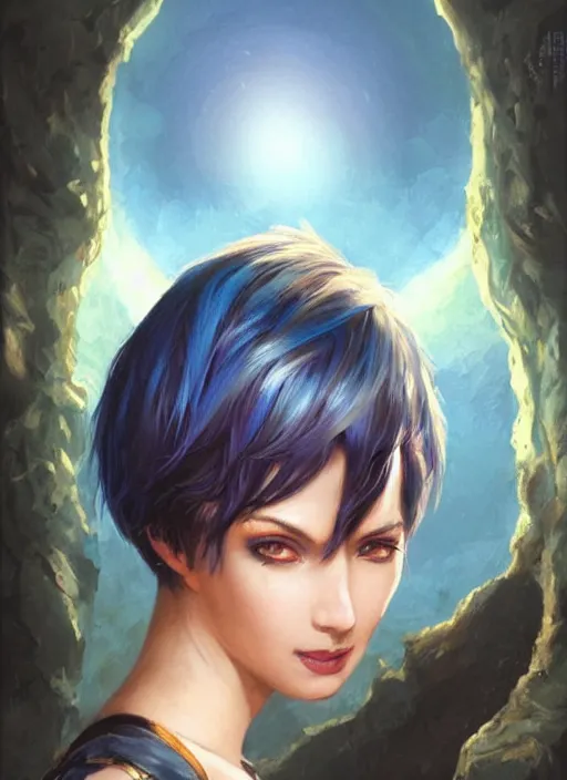 Image similar to girl with black and blue hair, pixie haircut, beautiful highly detailed face, complementary lighting, backlit, eyeshadow, grinning, adventure, alluring gaze, dramatic lighting, landscape background, beautiful painting by artgerm and greg rutkowski and raymond swanland