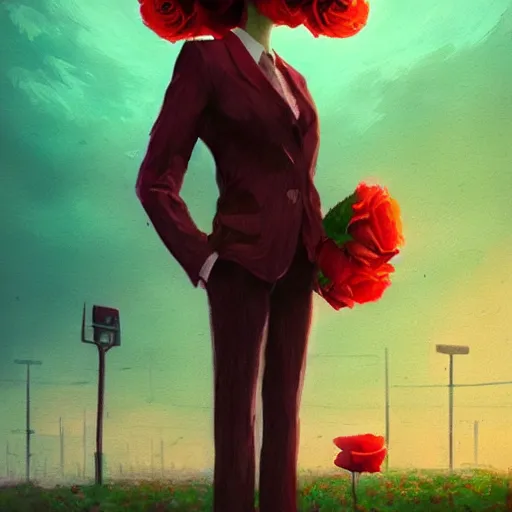 Image similar to closeup, huge rose flower head, frontal, a girl in suit, surreal photography, sunrise, dramatic light, impressionist painting, digital painting, artstation, simon stalenhag