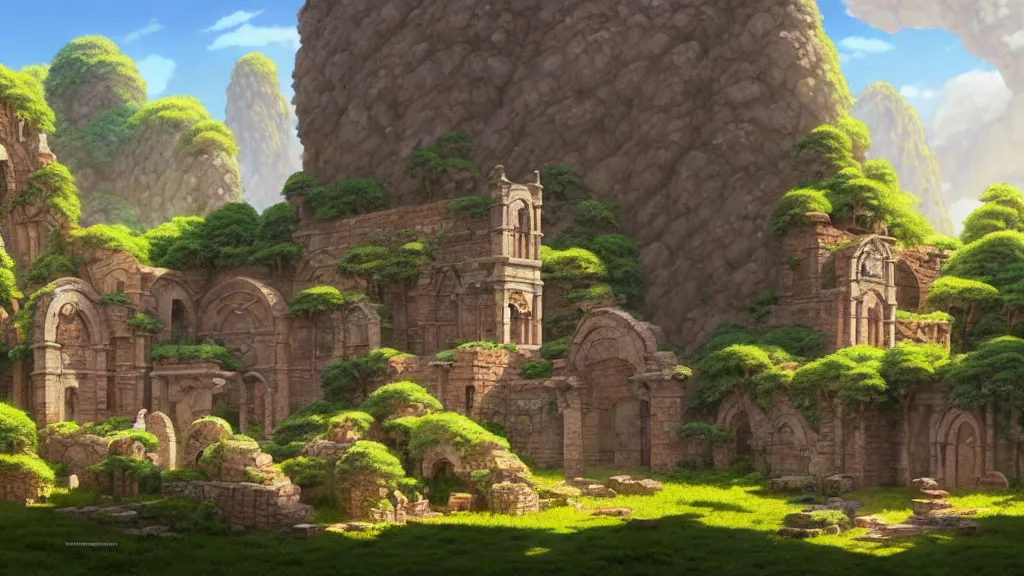 Image similar to ancient monastery ruins, studio ghibli, pixar and disney animation, sharp, rendered in unreal engine 5, highly detailed, digital painting, artstation, concept art, smooth, sharp focus, illustration, wide angle, artbook, wallpaper, splash art, promo art, dramatic lighting, art by artgerm and greg rutkowski and bo chen and jin xiaodi