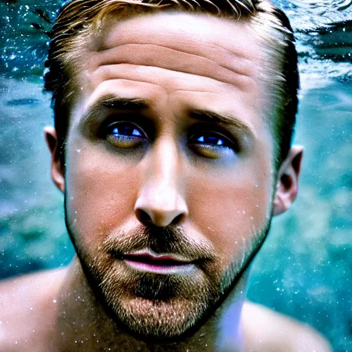 Image similar to ryan gosling portrait, fantasy, mermaid, hyperrealistic, game character, underwater, highly detailed, sharp focus, cinematic lighting, pearls, glowing hair, shells, gills, crown, water, highlights, starfish, jewelry, realistic, digital art, pastel, magic, fiction, ocean, king, colorful hair, sparkly eyes, fish, heroic, god, waves, bubbles