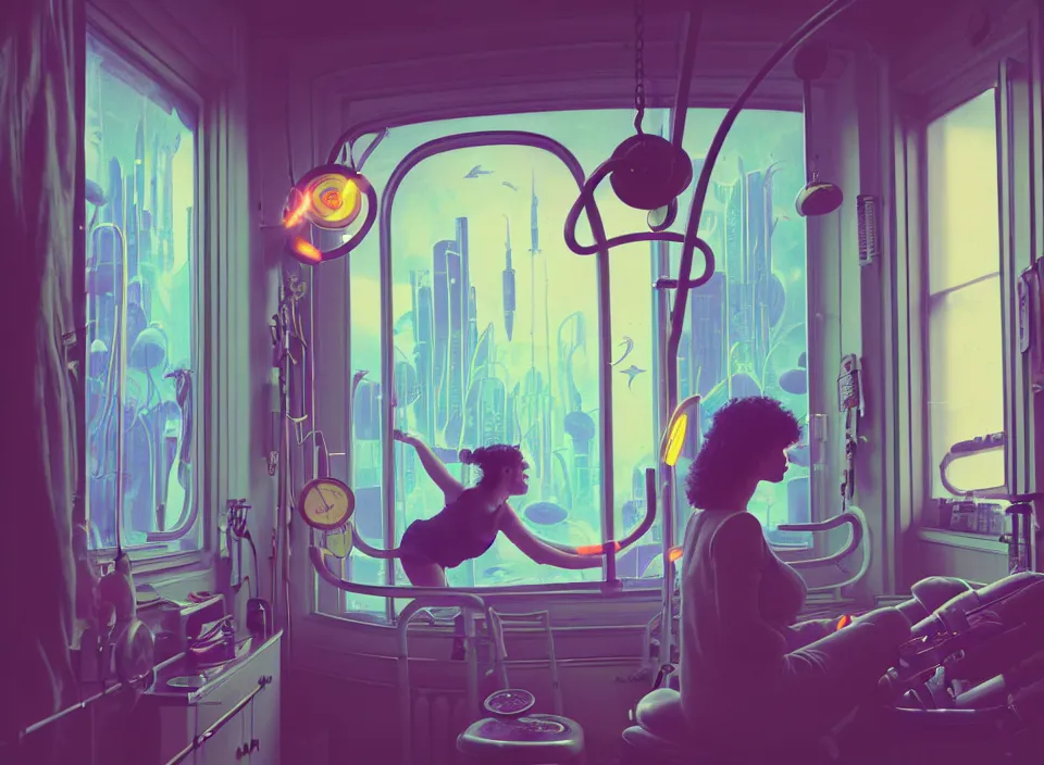 Prompt: telephoto 7 0 mm f / 2. 8 iso 2 0 0 photograph depicting the feeling of power in a cosy cluttered french sci - fi ( art nouveau ) pale cyberpunk apartment in a pastel dreamstate art cinema style. ( aquarium, weight lifting, window ( city ), led indicator, lamp ( ( ( gym ) ) ) ), ambient light.