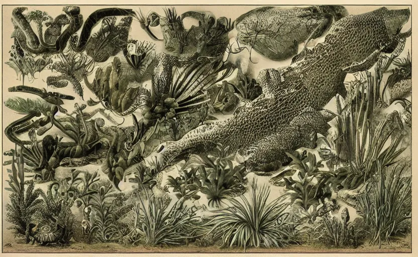 Prompt: swamp with rich and very very very very very beautiful life inside zoological scientific illustration, made by Ernst Haeckel