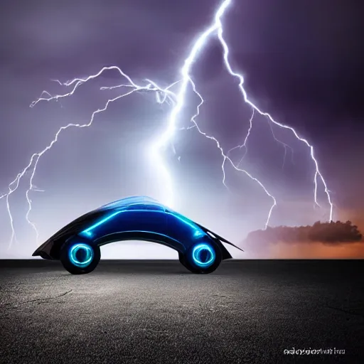 Image similar to futuristic flying car emerging from a portal in the sky made of circular lightning, thunderstorm at night, 28mm dramatic photo