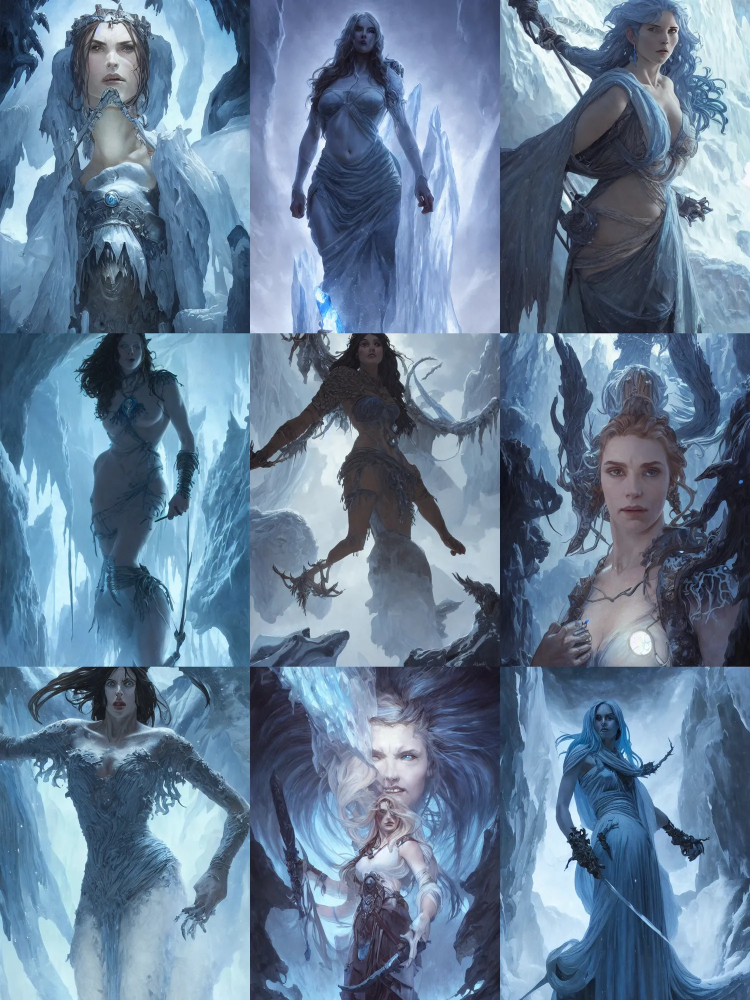 Prompt: picture of giant female ice revenant, looming a party of five adventurers, highly detailed, detailed face, smooth, sharp focus, high fantasy, horror, chiaroscuro, blue monochromatic, digital painting, artgerm and greg rutkowski and alphonse mucha
