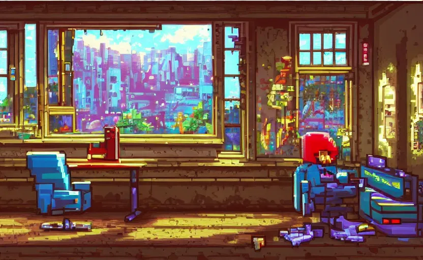 Image similar to Arcade-game Character sitting and relaxing in front of their work desk in their cozy room as a peaceful rainy city scene is seen through the room's window. Smooth Highly detailed masterpiece pixel-art. in the style of Close Highly detailed masterpiece professional artistry Sega, Namco, Neogeo, Capcom artist's Pixel-art. Trending on artstation. Slice-of-life genre art. Balanced colors and lighting scheme by James Gurney and artgerm. In the style of a 'Music to chill/study' to youtube video.