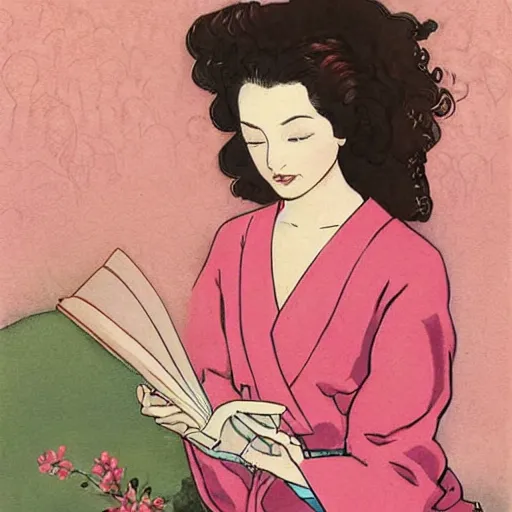 Prompt: beautiful ittle girl with long curly red hair dressed in a pink kimono and sitting next to a tree while reading a book, artwork made in western comic art style, inspired in balthus, anatomically correct, higher details