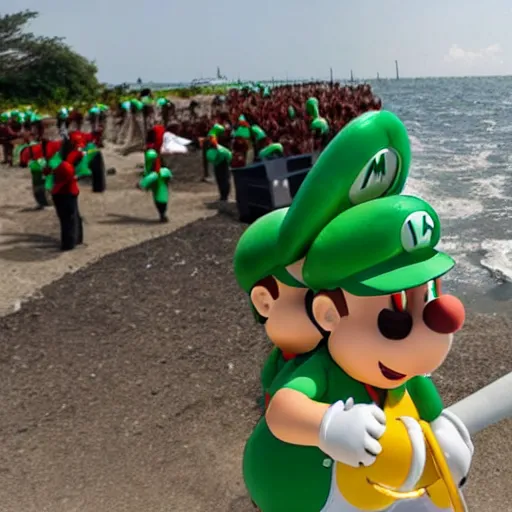 Image similar to Mario and Luigi, cleaning up the gulf oil spill with the help of The mexican military